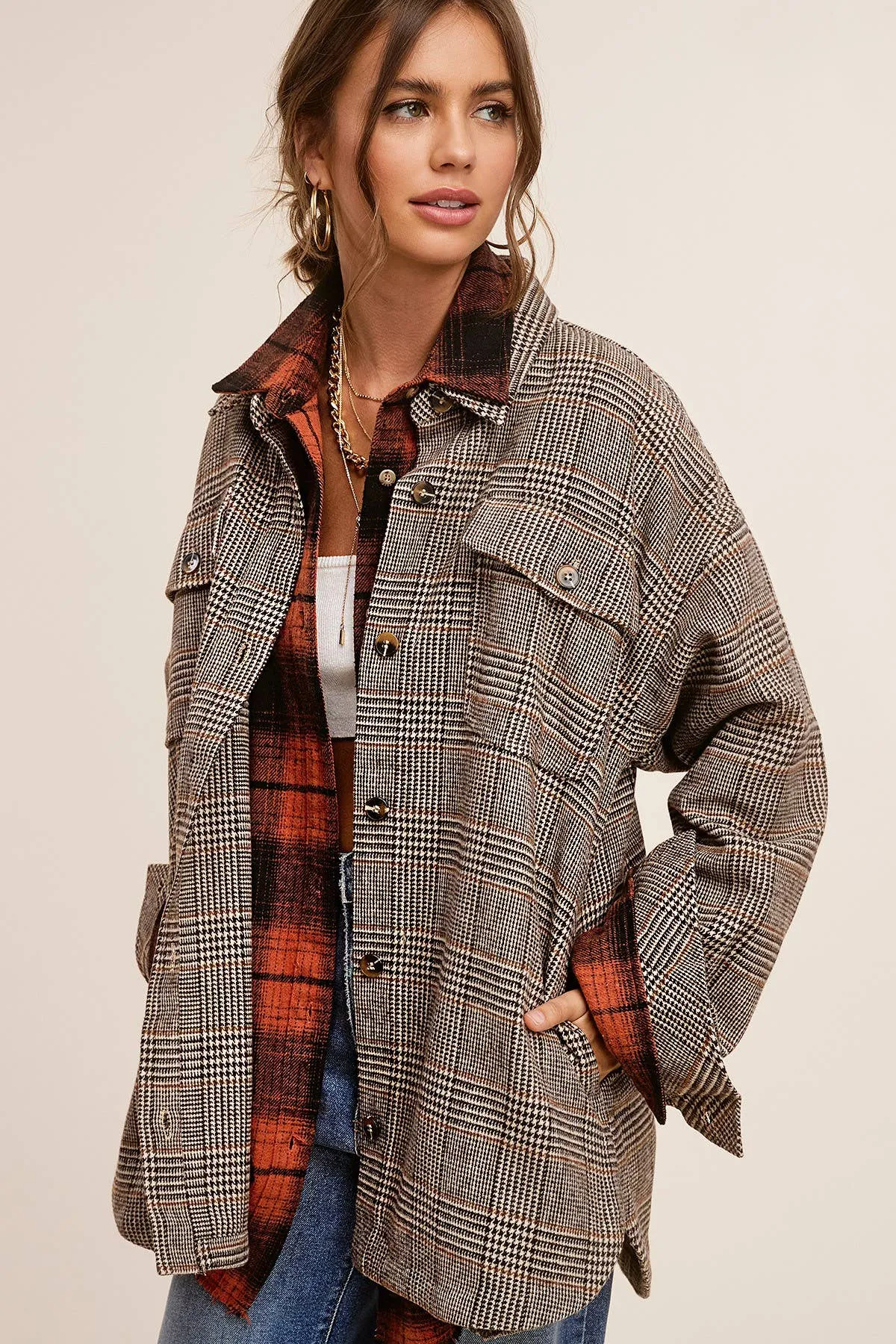 Brown Classic Button Down Plaid Shacket with Side Pockets