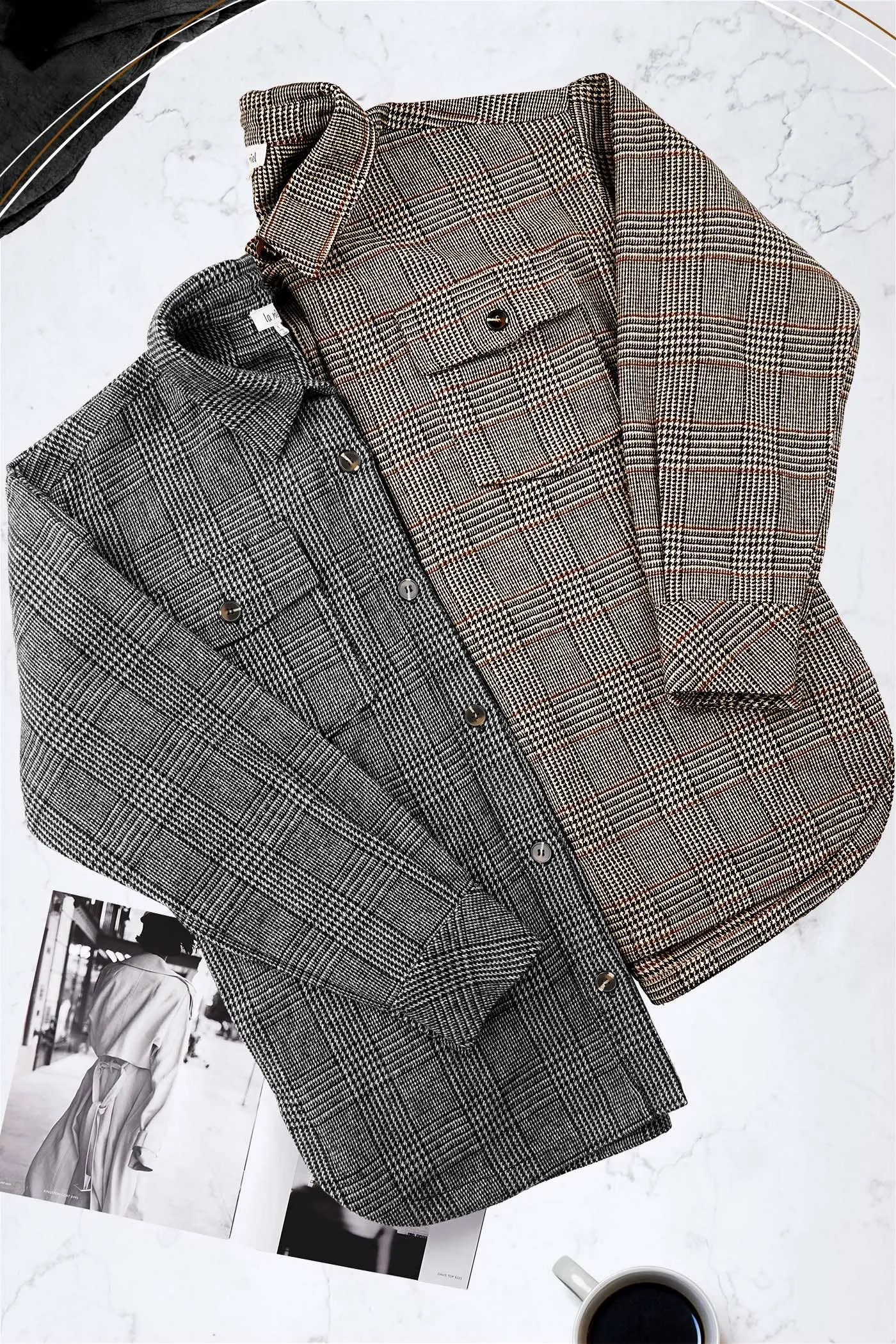 Brown Classic Button Down Plaid Shacket with Side Pockets