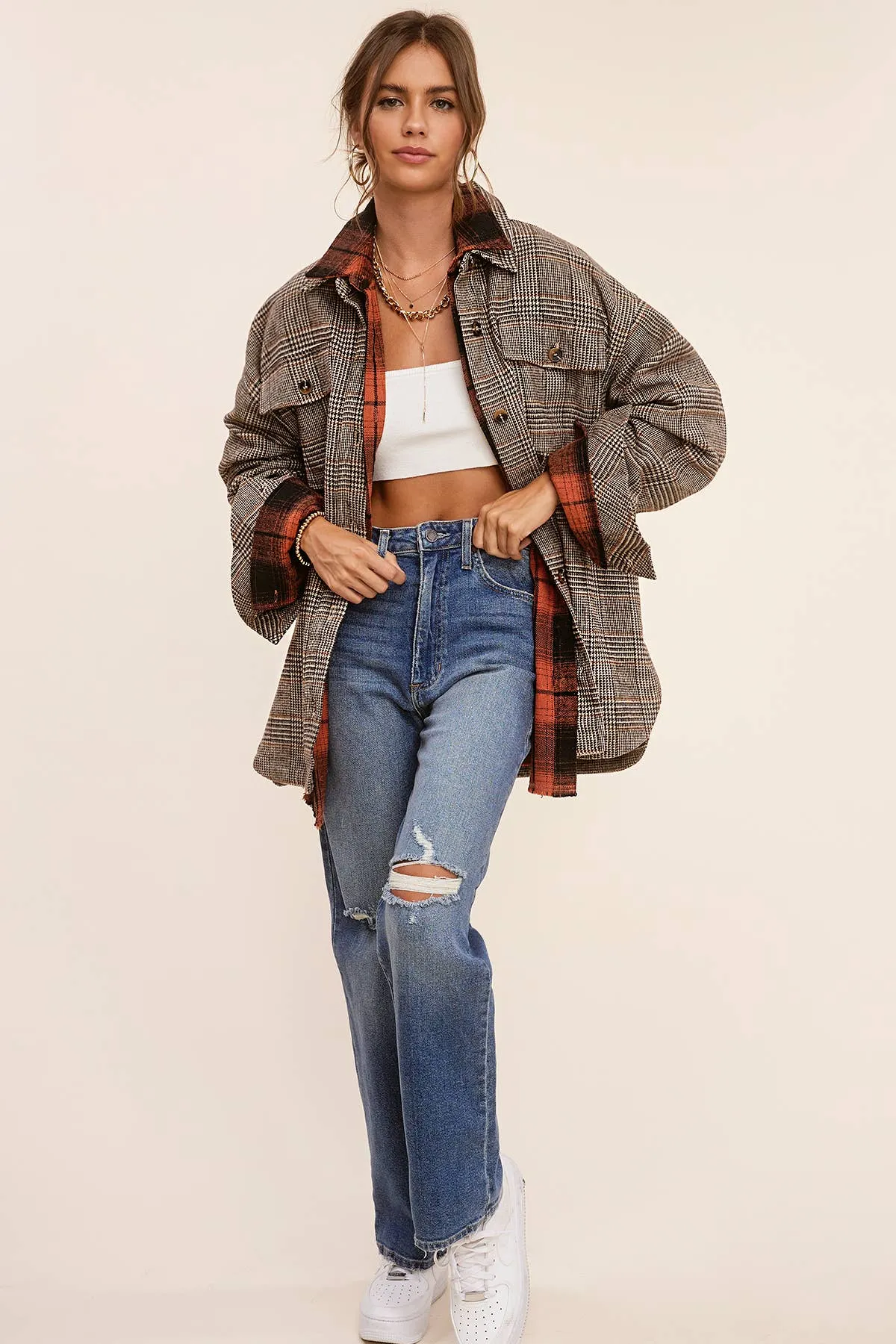 Brown Classic Button Down Plaid Shacket with Side Pockets