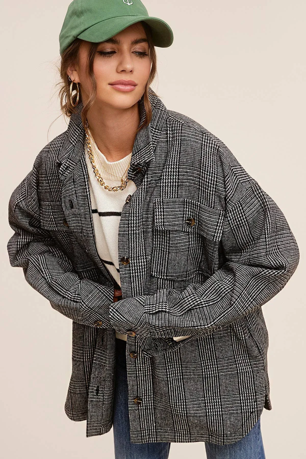 Brown Classic Button Down Plaid Shacket with Side Pockets