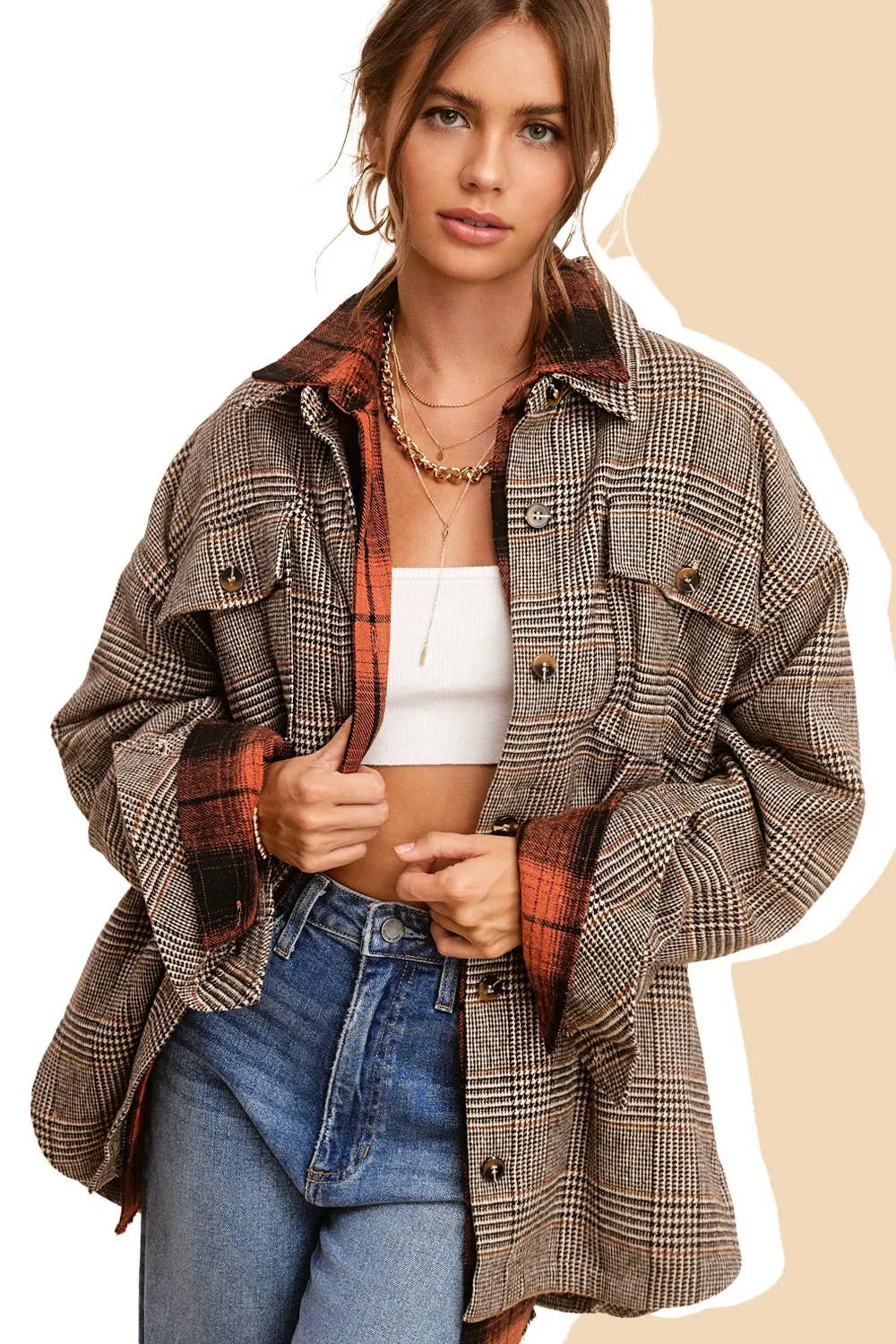 Brown Classic Button Down Plaid Shacket with Side Pockets