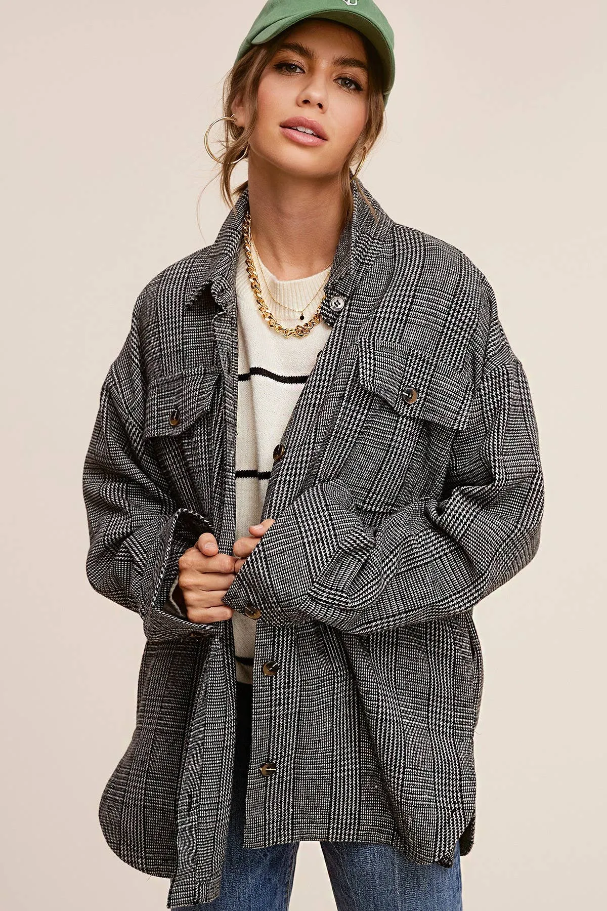 Brown Classic Button Down Plaid Shacket with Side Pockets