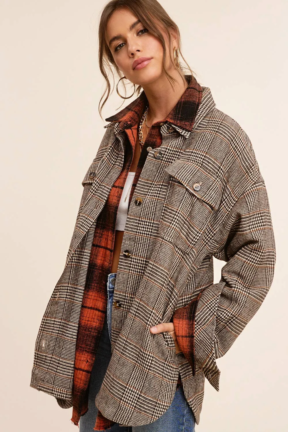 Brown Classic Button Down Plaid Shacket with Side Pockets