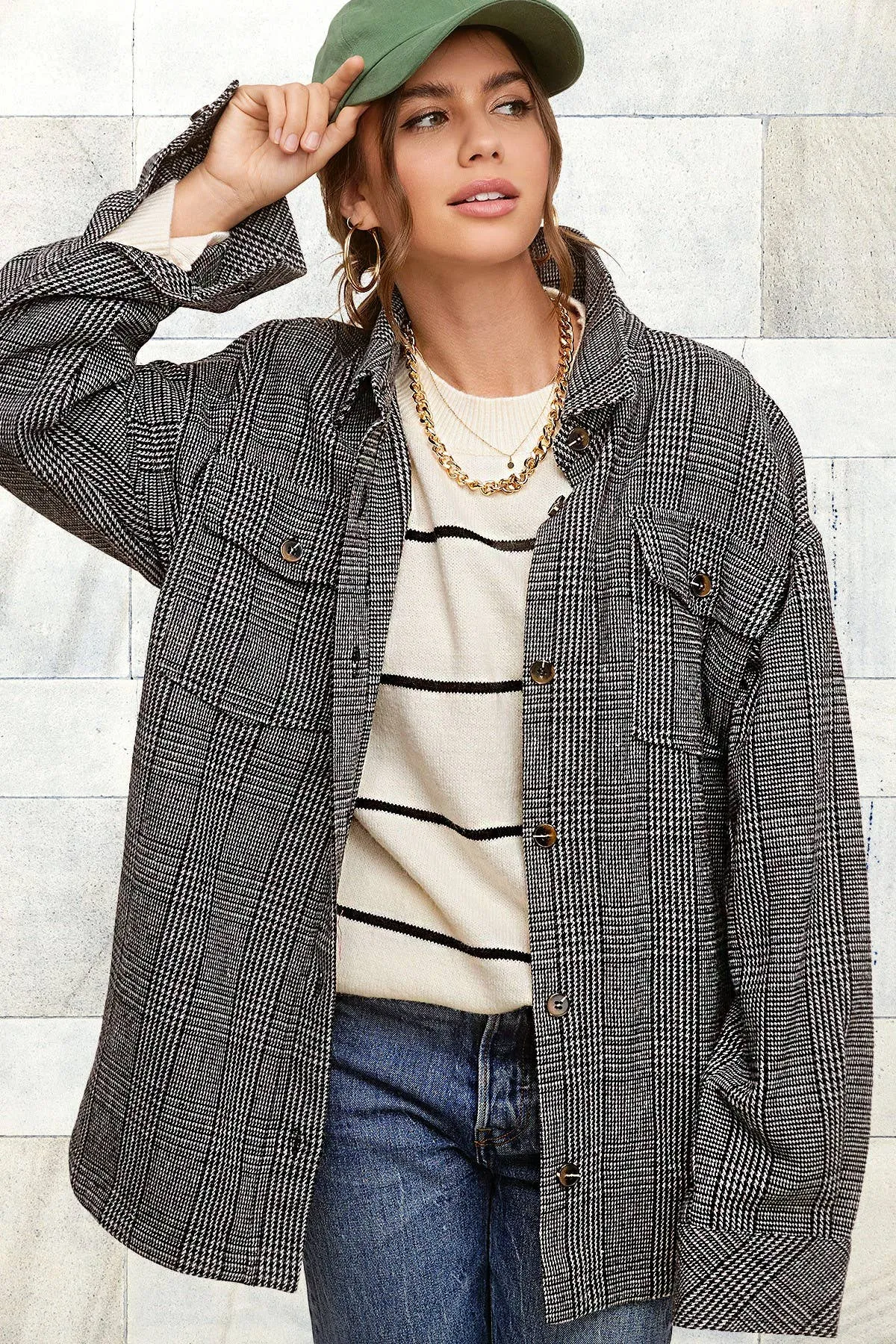 Brown Classic Button Down Plaid Shacket with Side Pockets