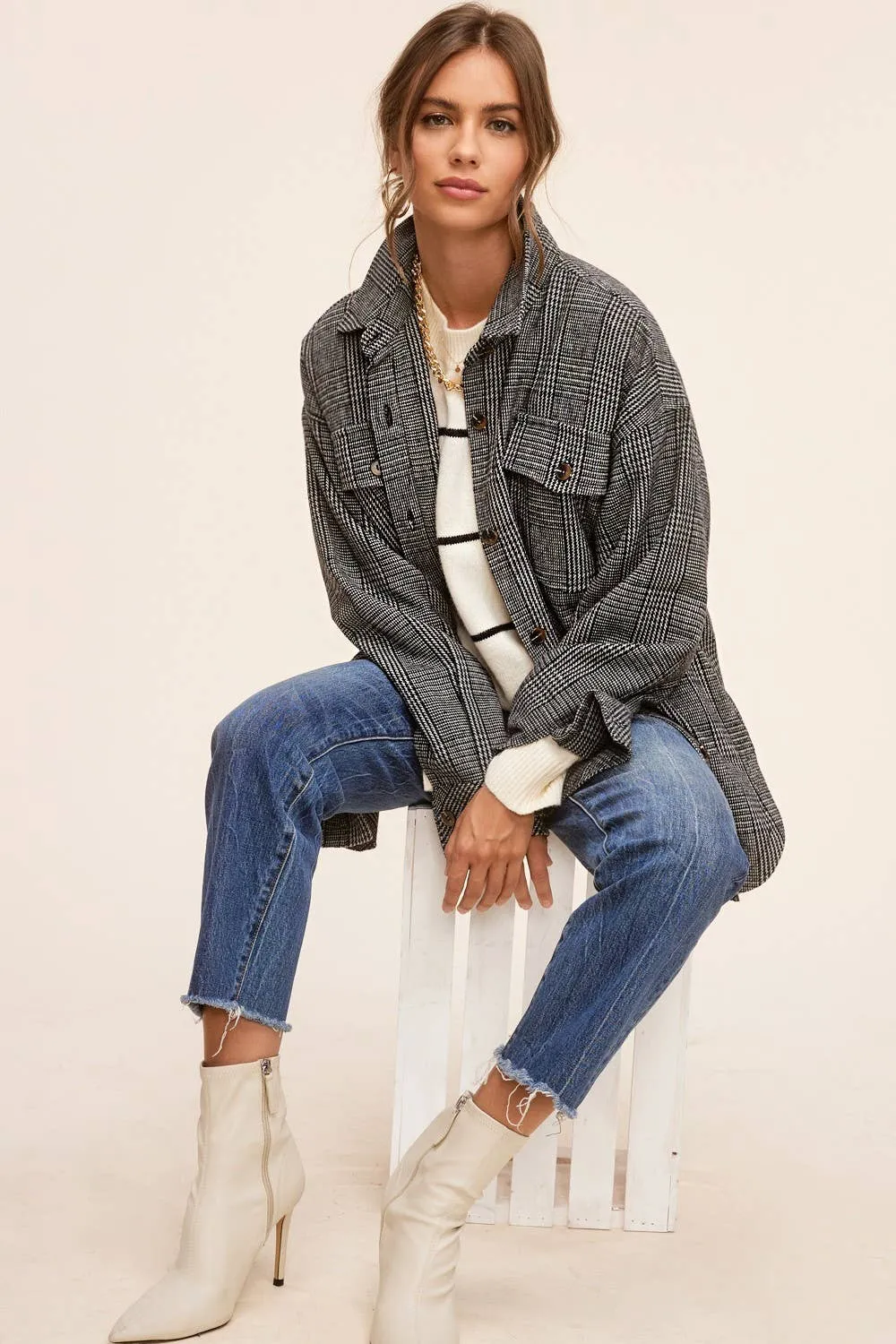 Brown Classic Button Down Plaid Shacket with Side Pockets