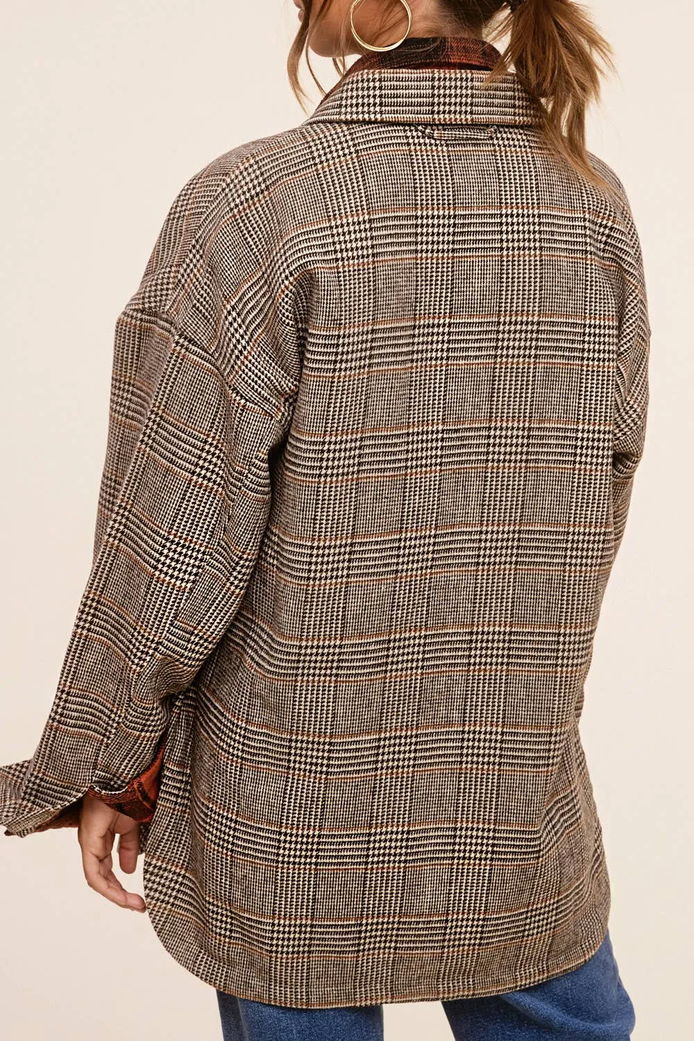 Brown Classic Button Down Plaid Shacket with Side Pockets