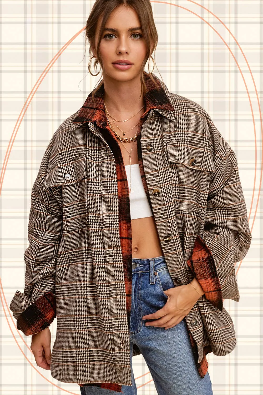 Brown Classic Button Down Plaid Shacket with Side Pockets