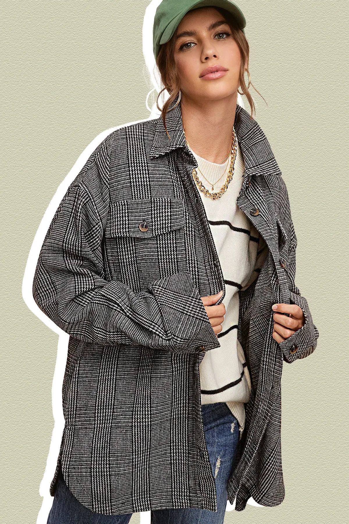 Brown Classic Button Down Plaid Shacket with Side Pockets