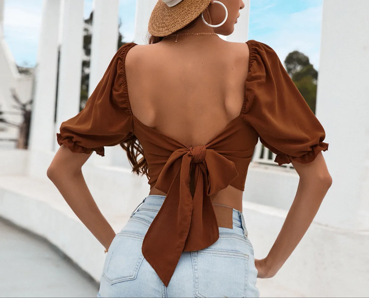 Fashion Lantern Sleeve Halter Bow Crop Top