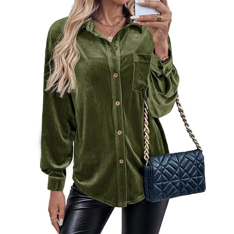 Fashion Lapel Velvet Long-Sleeved Shirt