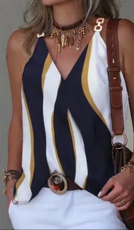 Fashion V-Neck Metal Buckle Printed Shirt